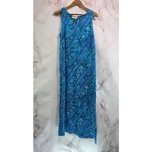 Vintage Hawaiian Dress Women Medium Blue Purple Midi Maxi Floral Tank 90s - Picture 1 of 12